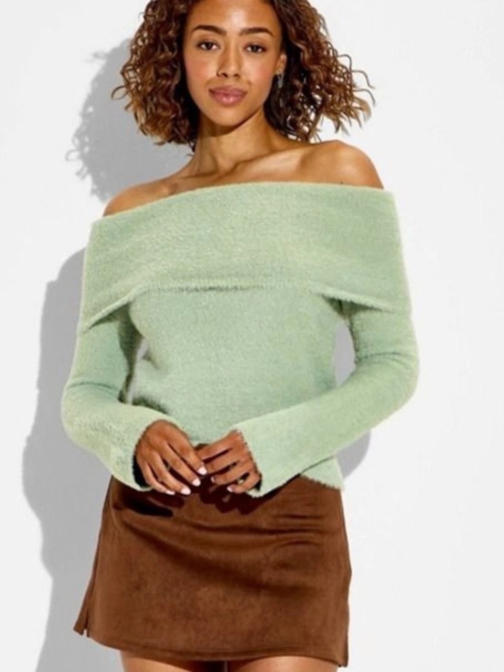 Wild Fable NWT M Off-Shoulder COZY WARM Fuzzy Knit LONG SLEEVE SAGE GR Sweater